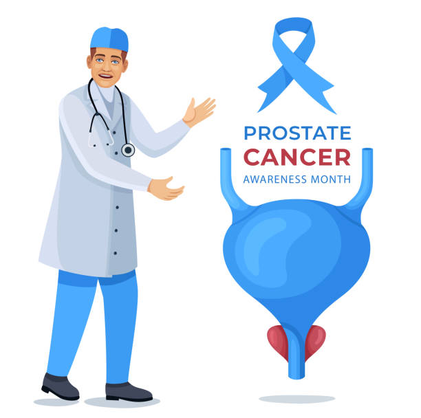 illustrazioni stock, clip art, cartoni animati e icone di tendenza di mese di sensibilizzazione per il cancro alla prostata. poster di sensibilizzazione sul cancro alla prostata.  medico che mostra il gesto per fermare il cancro alla prostata. - oncologo