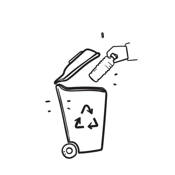 ilustraciones, imágenes clip art, dibujos animados e iconos de stock de garabato dibujado a mano arroja botellas de plástico en el vector de ilustración del contenedor de basura - recycling recycling symbol environmentalist people