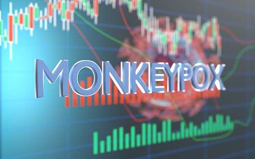 Monkeypox virus over financial graph. Selective focus. Horizontal composition with copy space. Monkeypox effect on stock market and finance concept. Easy to crop for all social media and print design sizes.