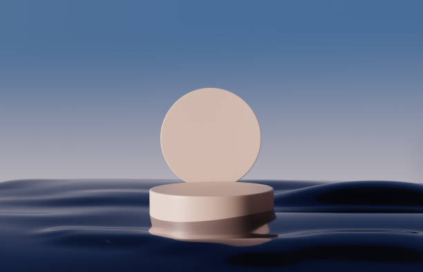 istock 3D display podium background. Nature blue sky minimal stand pedestal with round circle frame. Wavy water. Beauty, cosmetic product presentation scene. Summer landscape banner template 3d render. 1400755562