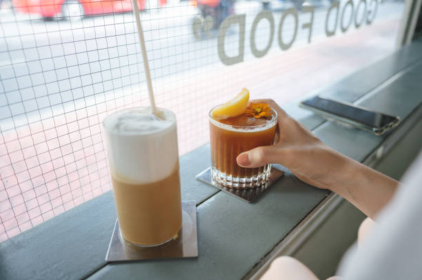 Enjoy good iced Americano peach coffee and cafe latte