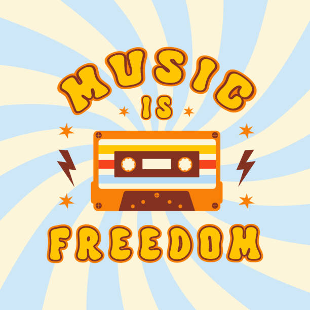 illustrazioni stock, clip art, cartoni animati e icone di tendenza di music is freedom poster retrò con audiocassetta su una spirale o uno sfondo a strisce radiali vorticose. - short phrase audio