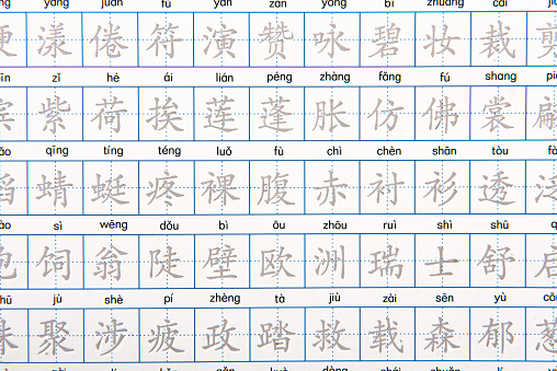 A copybook for learning Chinese characters.(Translation:tree medicine,praise,help,like,danger,box,lip,taste）
