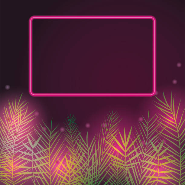 istock Palm leaves with hot pink neon frame summer party poster background template 1400757237