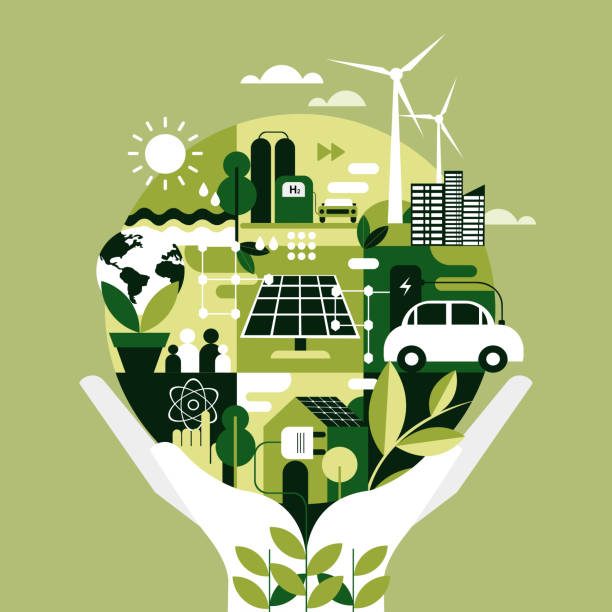 Illustration of human hands holding earth with non polluting eco friendly energy sources Illustration of human hands holding earth with non polluting eco friendly energy sources clean energy stock illustrations