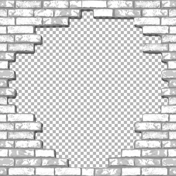 Vector illustration of Vector realistic broken brick wall on transparent background. Hole in flat wall texture. White textured brickwork with gap for web, design, decor, background.