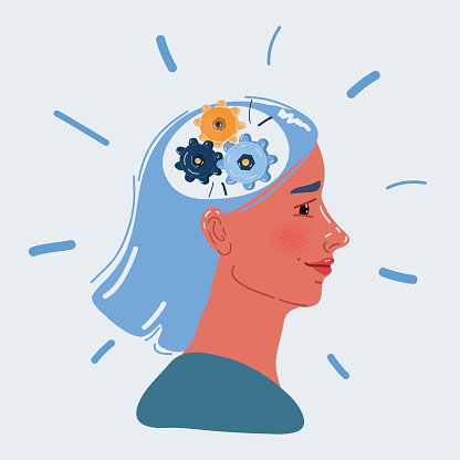 Cartoon vector illustration of Cog wheels inside a woman's head