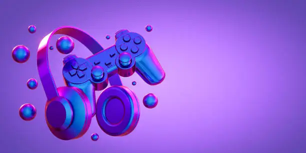 Abstract Game Controllers And Headphones, Retro Neon Game Controllers And Headphones. Gamepads For Games Sci-Fi Cyber Futuristic Purple-Blue joystick And Headphones. Game Adventure. Virtual Reality