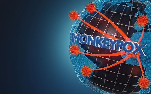 Monkeypox title and viruses over globe with financial charts and bar graph. Easy to crop for all your social media and print sizes. Monkeypox stock market and finance concept in horizontal composition with copy space.