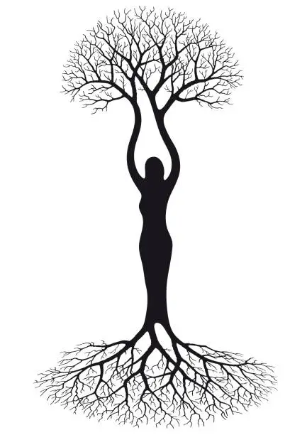 Vector illustration of Freehand drawing of a tree with the figure of a woman, mother earth,, vector illustration.