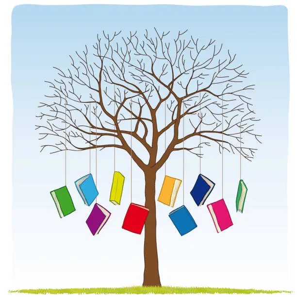 Vector illustration of Freehand drawing of a tree with books, vector illustration.