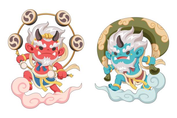 Japanese gods Raijin and Fujin illustration Cute style Japanese gods Raijin and Fujin cartoon illustration wrath of god stock illustrations