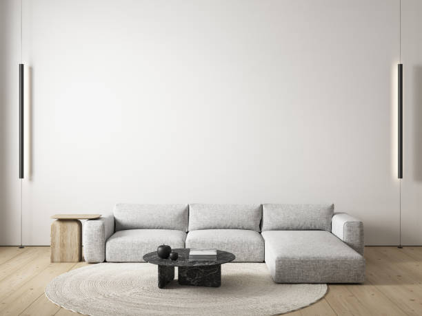 istock Contemporary minimalist interior with sofa and decor. 3d render illustration mockup. 1400766364