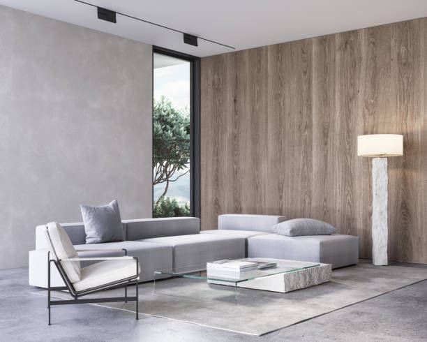 istock Contemporary minimalist interior with sofa, armchair, coffee table, wood panel, blank wall. 3d render illustration mock up. 1400766889
