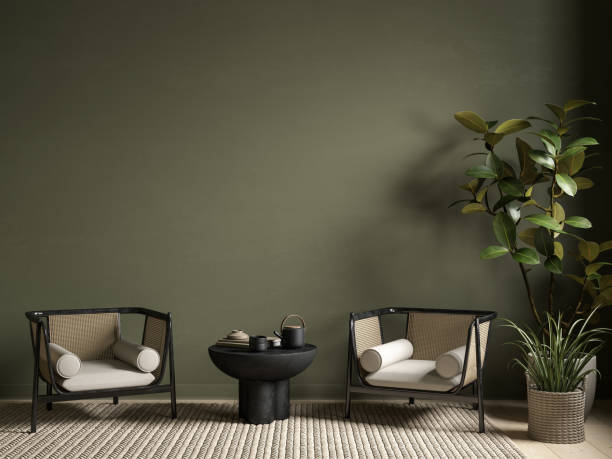 istock Green interior with armchairs and decor. 3d render illustration mockup. 1400766913