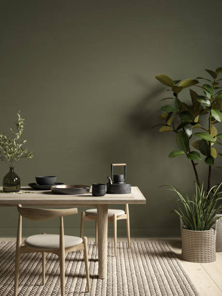 식탁과 장식이있는 녹색 인테리어. 3d 렌더링 일러스트 모형. - dining table food elegance 뉴스 사진 이미지