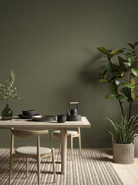 istock Green interior with dining table and decor. 3d render illustration mockup. 1400766944