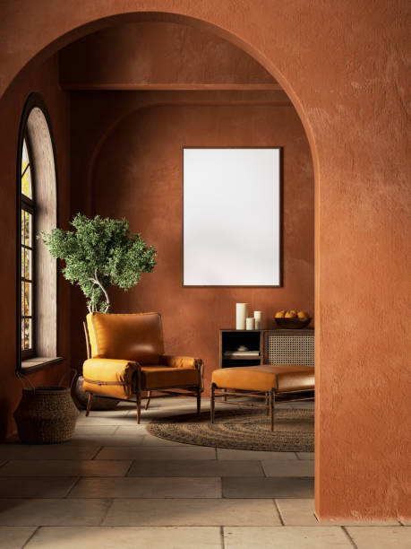 istock Orange boho style interior with canvas, arcs and decor. 3d render illustration mockup. 1400767267