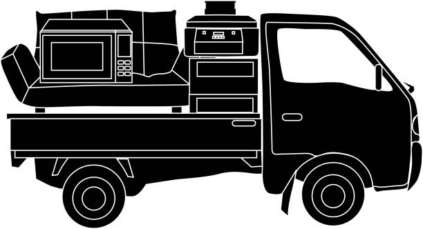 ilustraciones, imágenes clip art, dibujos animados e iconos de stock de equipaje en movimiento "silueta" transportado en camión - moving house house action silhouette