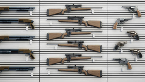 istock Fictitious firearms hanging on the wall of a gun store. 3D rendering 1400769331