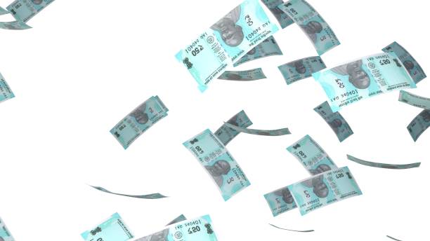 istock 50 Indian Rupee bills falling down. Banknotes isolated on white background. 1400769528