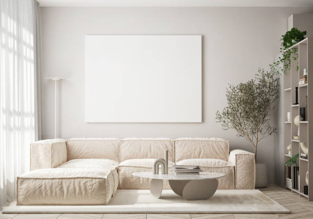 istock mock up poster frame in modern interior background, living room, Scandinavian style, 3D render, 3D illustration 1400769533