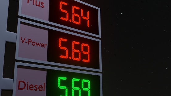 Information board with prices for gasoline. Fuel prices. 3D render.