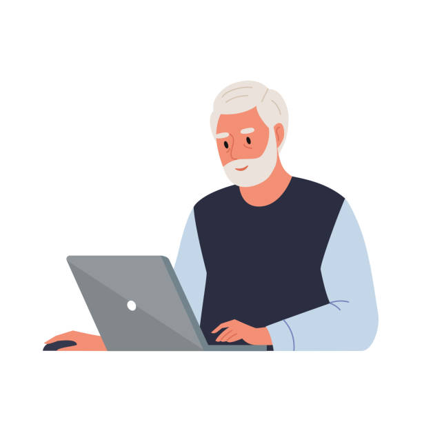 illustrations, cliparts, dessins animés et icônes de homme âgé avec l’ordinateur portatif - mur illustrations