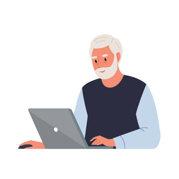 Elderly man with laptop Happy grandpa with laptop. Freelance, online training, email checking, webinar. Concept of technology and old people. Flat vector illustration. senior adult stock illustrations