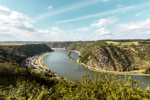 Scenic view of Unesco World Heritage Site Upper Middle Rhine Valley with Lorelei (germ. Loreley) rock, Katz Castle and the town of St. Goarshausen