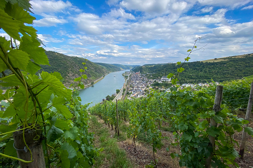 Scenic view from viewpoint Guenderodehaus to Middle Rhine Valley and town of Oberwesel, Germany