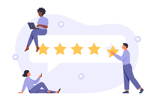 Characters giving positive feedback on smartphone and computer. Customer satisfaction ratings and feedback. Feedback concept. Flat vector illustration.
