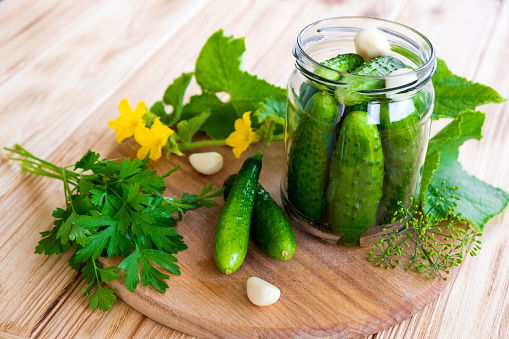 Preparation of salty pickled cucumbers with herbs, garlic, parsley and dill. Recipe of homemade preservations. Healthy organic food.