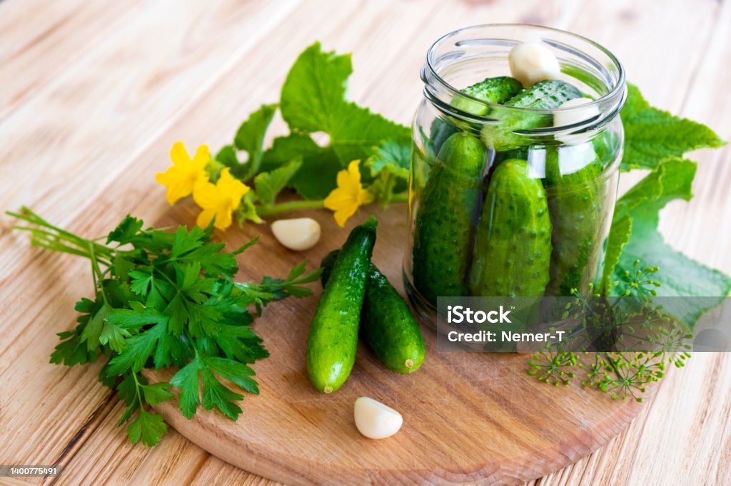 Pickled Cucumbers Preparation of salty pickled cucumbers with herbs, garlic, parsley and dill. Recipe of homemade preservations. Healthy organic food. Pickle Stock Photo