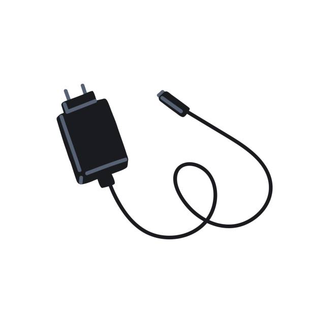 USB phone charger with cable and adapter. Portable mobile power supply with wire, connector and plug. Charging item for smartphone. Flat vector illustration isolated on white background USB phone charger with cable and adapter. Portable mobile power supply with wire, connector and plug. Charging item for smartphone. Flat vector illustration isolated on white background. cartoon of the mobile phone charger stock illustrations