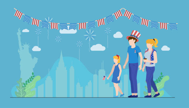 rodzinny dzień niepodległości impreza płaski kolor wektor - family 4th of july stock illustrations