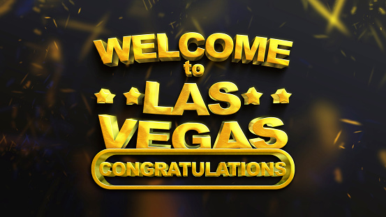 Letters Welcome Las Vegas on a black background. Gold volumetric inscription Welcome shows Las Vegas gold for games and slot machines or casinos. Lettering for message notification. 3D illustration