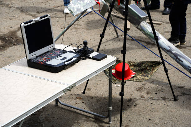 istock Military operator computer remote control of an unmanned aerial vehicle, defense and military industry 1400776831