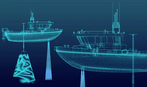 Schematic of a motor boat with sonar and measuring beams. Bathymetry. In neon blue tones. 3d-rendering.