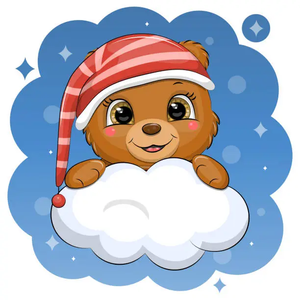 Vector illustration of A cute cartoon brown bear in a red nightcap is holding a cloud.