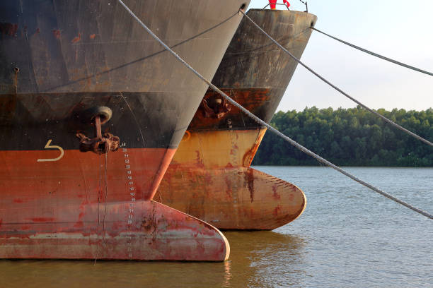istock Prows of two old rusty ships with anchor chain anchored at Danube river at summer 1400778129