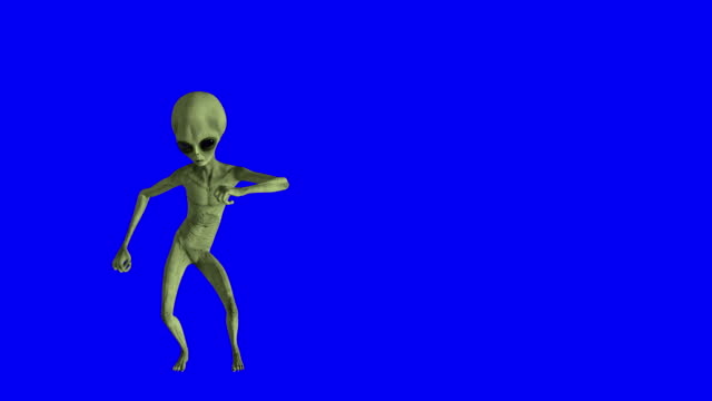 Alien doing a chicken dance isolated on blue chroma key
