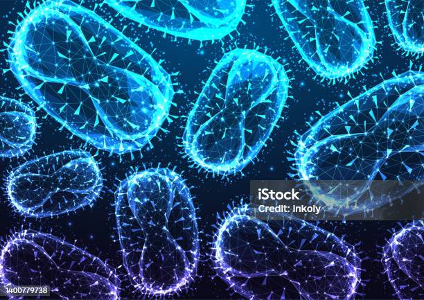 Abstract Monkey Pox Virus Microscopic View Banner Concept In Glowing Low Polygonal Style On Blue向量圖形及更多猴痘圖片