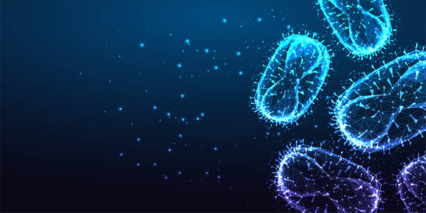 Futuristic monkey pox virus concept banner with glowing low polygonal virus cell and place for text Futuristic monkey pox virus concept banner with glowing low polygonal virus cells and place for text isolated on dark blue background. Modern wire frame mesh design vector illustration. mpox stock illustrations