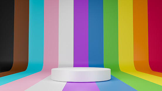 3D rendering white stage on Pride flag color background. Product display