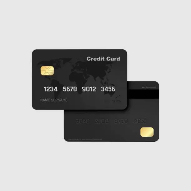 Vector illustration of Black credit cards vector mockups isolated on gray background. Flat design credit cards set. Credit card templates design for presentation. Vector illustration.