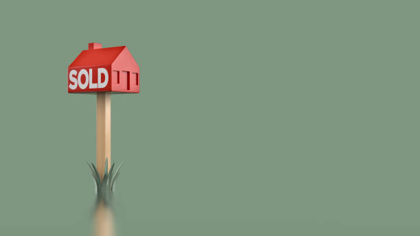 3D Illustration House Sold Symbol on a Post Isolated on Fresh Moss Green Background with Clipping Path. Real Estate Concept. stock photo
