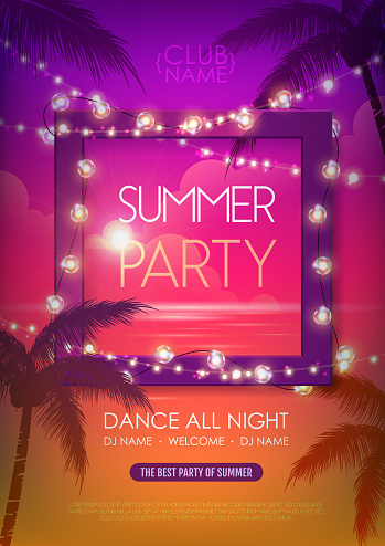 Summer disco party poster with tropic leaves and string of lights. Summer background. Vector illustration