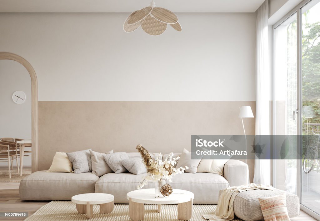 Home interior in boho style, living room in pastel beige colors Home interior in boho style, living room in pastel beige colors, 3d render Indoors Stock Photo