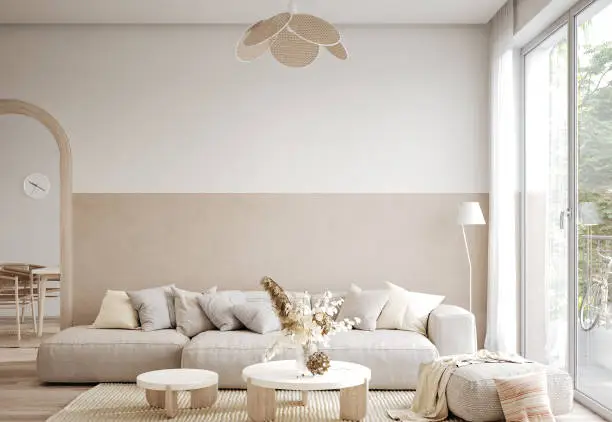 Photo of Home interior in boho style, living room in pastel beige colors